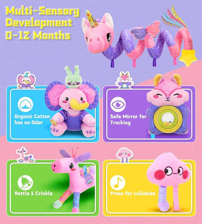 Musical Car Seat Toy for Babies 0-12 Months Girl, 5-in-1 Sensory Activity Hanging Toy Stroller Toy with Soothing Music, Rattle, Mirror for Newborn Infants Essential Gifts, Unicorn