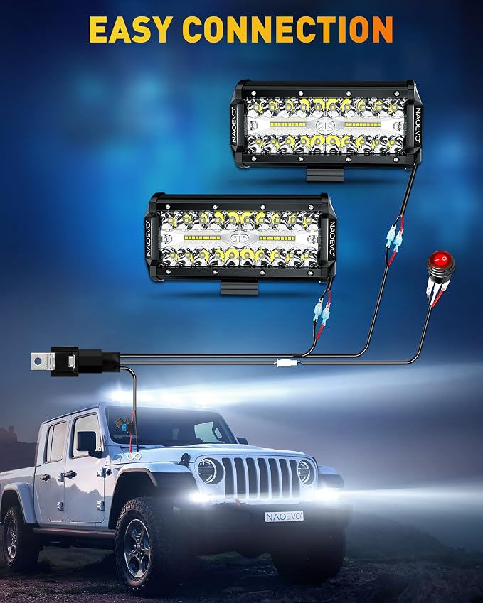 NAOEVO 7 Inch LED Light Bar, 240W 24,000LM Offroad Fog/Driving Lights LED Pods with 2 Leads Wiring Harness Kit, Spot Flood Combo Beam, Work for Truck Boat UTV ATV, 2-Pack (White)