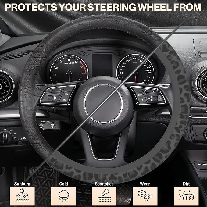 Black Leopard Cheetah Steering Wheel Cover, Anti-Slip Universal Car Steering Wheel Cover for Women Girls, Soft Breathable Neoprene 15 Inch Car Accessories Case fit for Cars Auto SUVs