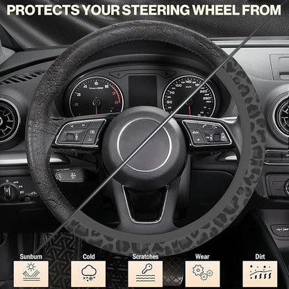 Black Leopard Cheetah Steering Wheel Cover, Anti-Slip Universal Car Steering Wheel Cover for Women Girls, Soft Breathable Neoprene 15 Inch Car Accessories Case fit for Cars Auto SUVs