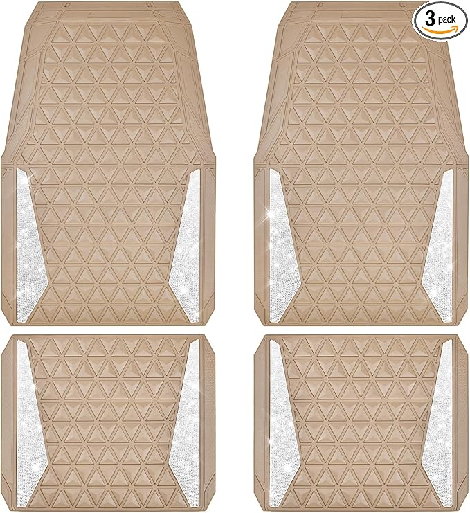 CAR PASS Bling Diamond Car Mats Rubber Floor Mats Full Set Anti-Slip 3D Rhombus Waterproof Trim to Fit Liner Universal Glitter Crystal Sparkly Shining Rhinestone Girl Women SUV Sedan Van, Beige Rubber