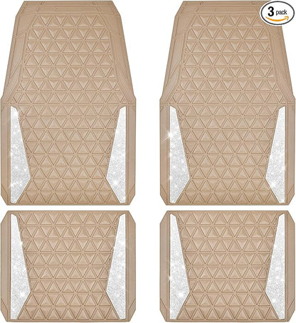 CAR PASS Bling Diamond Car Mats Rubber Floor Mats Full Set Anti-Slip 3D Rhombus Waterproof Trim to Fit Liner Universal Glitter Crystal Sparkly Shining Rhinestone Girl Women SUV Sedan Van, Beige Rubber