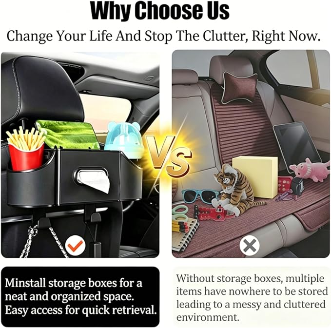 Back Seat Car Organizer,4 in 1 Multifunctional Car Back Seat Storage Box with Drink Cup Holder Tissue Box, for Hold Phone,Snacks, Drinks, Handbag-Black