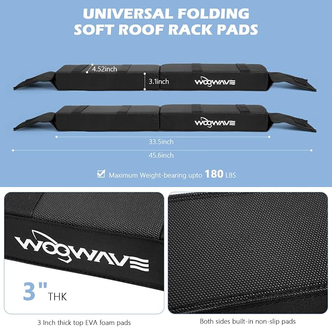 WOOWAVE Folding Kayak Soft Roof Rack Pads Universal Kayak Carrier Car Rack with 4 Tie Down Straps, 2 Tie Down Rope, 4 Carabiner, 2 Quick Loop Strap and Storage Bag for Canoe/Surfboard/Paddleboard/SUP