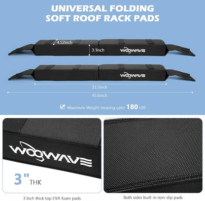 WOOWAVE Folding Kayak Soft Roof Rack Pads Universal Kayak Carrier Car Rack with 4 Tie Down Straps, 2 Tie Down Rope, 4 Carabiner, 2 Quick Loop Strap and Storage Bag for Canoe/Surfboard/Paddleboard/SUP