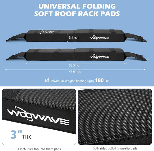 WOOWAVE Folding Kayak Soft Roof Rack Pads Universal Kayak Carrier Car Rack with 4 Tie Down Straps, 2 Tie Down Rope, 4 Carabiner, 2 Quick Loop Strap and Storage Bag for Canoe/Surfboard/Paddleboard/SUP