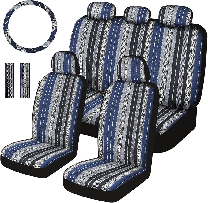 Baja Saddle Blanket Car Seat Covers Full Set with Seat Belt Pads and Steering Wheel Cover, Washable Breathable Striped Woven Cloth Seat Covers for Cars, SUV, Truck(Blue,Large)