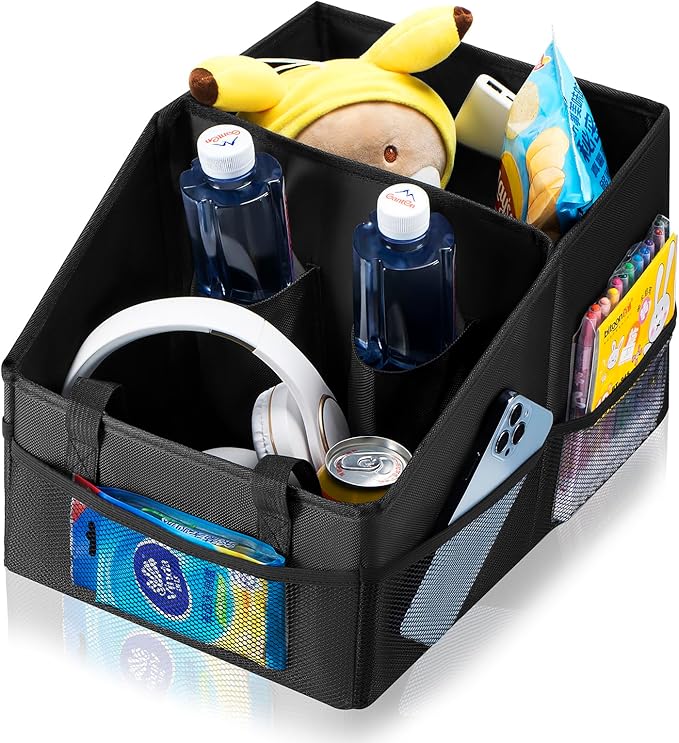 Front-Back Seat Car Organizer Box - Portable Passenger Seat Organizer, Odorless Fabric Car Seat Organizer, Universal Foldable Auto Seat Storage Caddy for Kids & Adults Road Trip Essentials (Black)