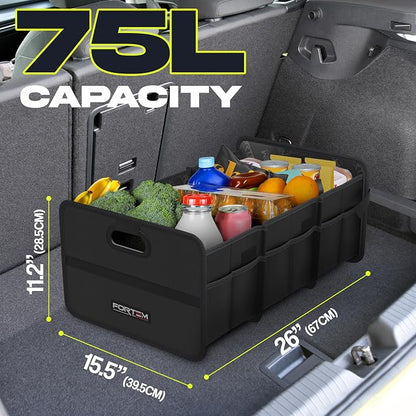 FORTEM Car Trunk Organizer, Collapsible Two Compartment Organizer, Foldable SUV & Truck Storage for Car Accessories for Women Men, Non Slip Bottom, Sturdy Side Walls, Strong Handles, 75L