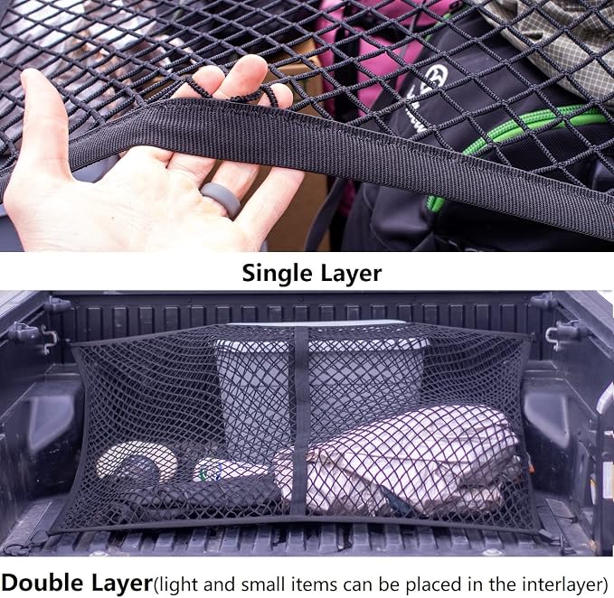Highly Elastic Cargo Net, 4'x6' Stretches to 8'x12, Suitable for 6.5ft - 8.1ft Long Bed Trucks, Trailers (Lager Double Layer)