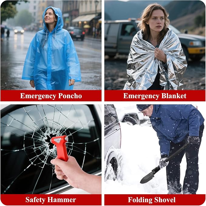 Car Roadside Emergency Kit, Vehicle Truck Safety Emergency Road Side Assistance Kits with Jumper Cables, Red