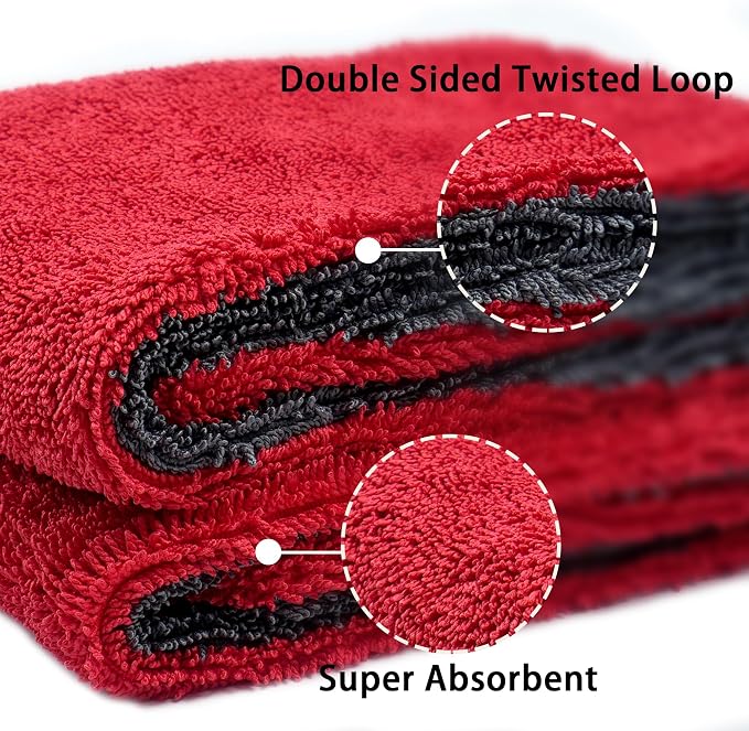 LIVOS 1000GSM Car Drying Towel, 18" x 24" Dual Sided Microfiber Towels for Cars, Ultra Absorbent Lint & Scratch-Free, Edgeless Twisted-Loop, Premium Wash Towel, Red&Grey
