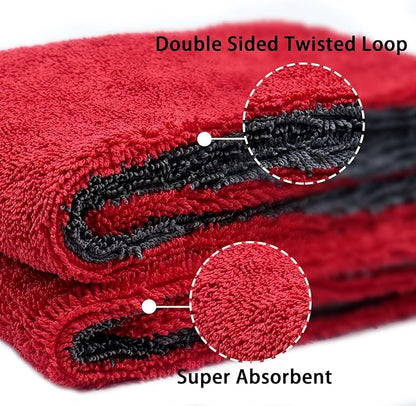 LIVOS 1000GSM Car Drying Towel, 18" x 24" Dual Sided Microfiber Towels for Cars, Ultra Absorbent Lint & Scratch-Free, Edgeless Twisted-Loop, Premium Wash Towel, Red&Grey