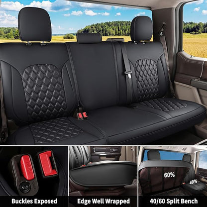 Huidasource Tacoma Rear Bench Car Seat Covers, Black Leather Back Row Seat Cushion Cover Fit for Toyota Tacoma 2016-2023 Double & Crew Cab SR SR5 Limited TRD Sport/Pro/Off Road (Back Row/Black)