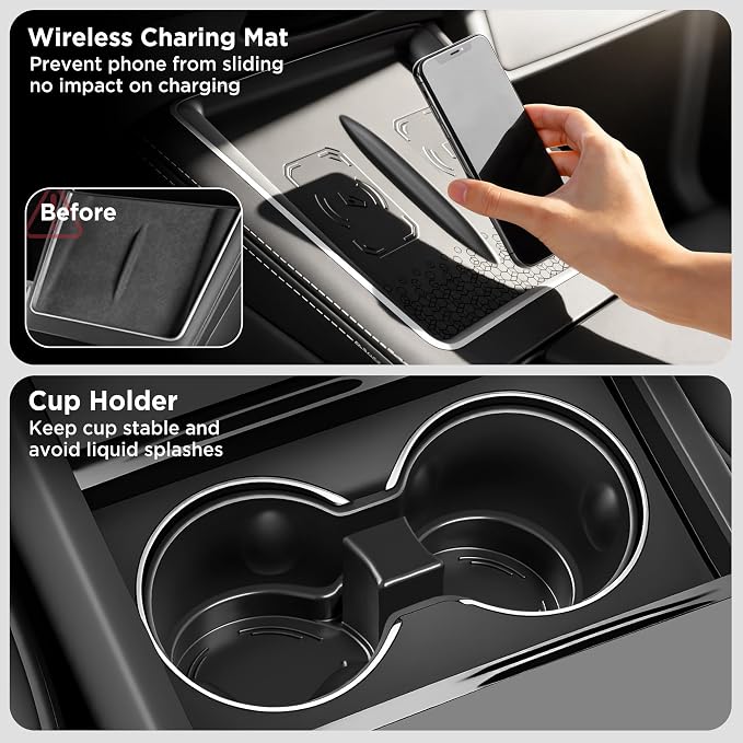 8PCS Center Console Organizer for Tesla Model Y Juniper Accessories 2026 2025 & for Tesla Model 3 Accessories 2024-2026 [Slide Smoothly & US Patent] Charging Pad Sunglasses Cup Holder Black