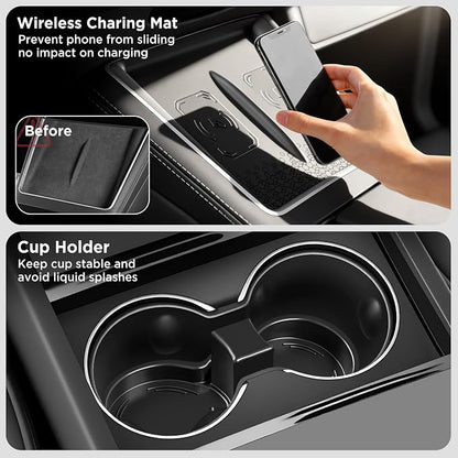 8PCS Center Console Organizer for Tesla Model Y Juniper Accessories 2026 2025 & for Tesla Model 3 Accessories 2024-2026 [Slide Smoothly & US Patent] Charging Pad Sunglasses Cup Holder Black