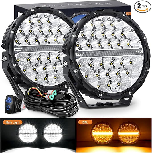 Nilight LED Offroad Driving Lights with Amber DRL 2PCS 9 Inch Round 140W IP68 Spot Flood Combo Work Light Bar with 12AWG DT Connector Wiring Harness Kit for 4x4 Truck ATV UTV SUV