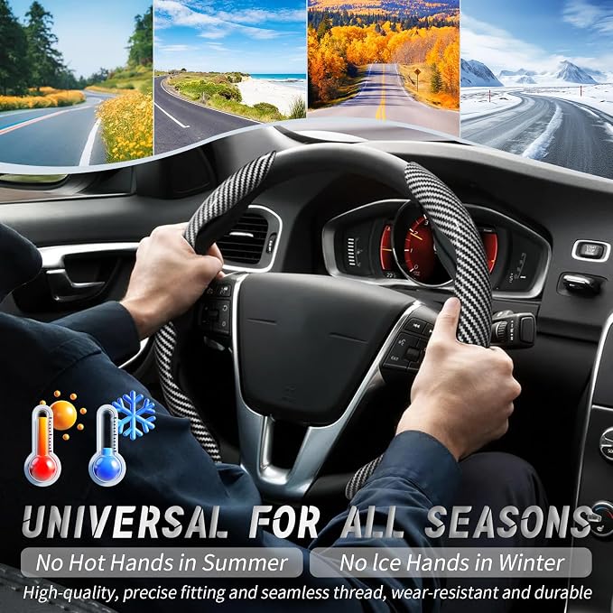 WOCOCN 2pcs Car Steering Wheel Cover,Anti-Skid Carbon Fiber Steering Wheel Protector for Men Women,Multiple Color Options,Universal for Most Car Interiors Accessories (Bright Silver)