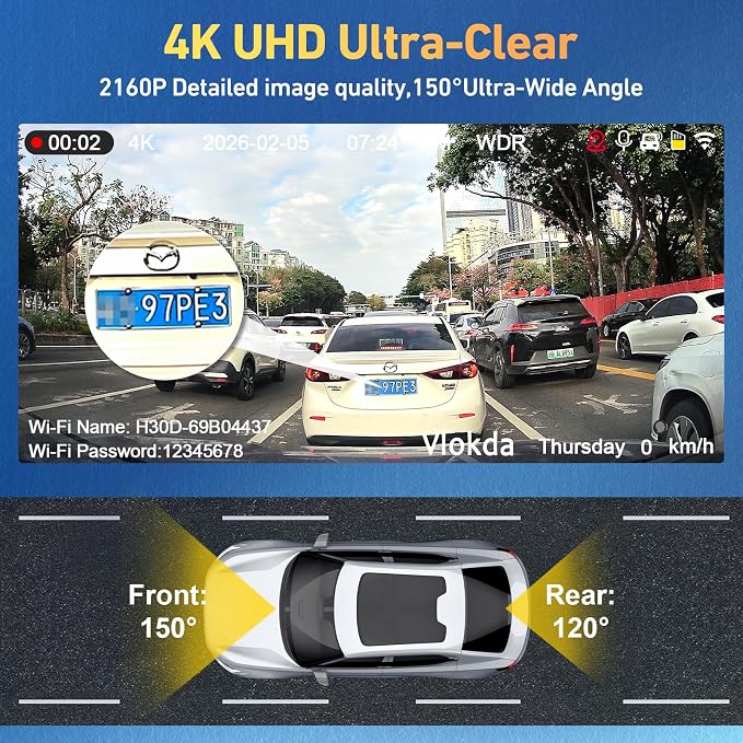 Dash Cam Front and Rear, 4K + 1080P Dual Camera for Cars 64GB | Built-in GPS, 5.8GHz WiFi, 3.2" IPS Screen, 24H Parking Mode
