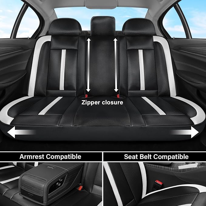 Coverado Leather Car Seat Covers Full Set & Carbon Fiber, Waterproof and Durable All Weather Protector, Universal Fit for SUV, Pickup Truck, Sedan, Automotive Vehicle Interior, Black&White