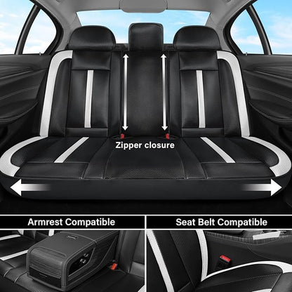 Coverado Leather Car Seat Covers Full Set & Carbon Fiber, Waterproof and Durable All Weather Protector, Universal Fit for SUV, Pickup Truck, Sedan, Automotive Vehicle Interior, Black&White