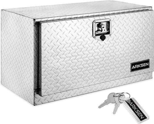 ARKSEN 30 x 17 x 18 Inch Underbody Tool Box, Heavy Duty Aluminum Diamond Plate Waterproof Square Storage Organizer Chest with T-Handle Lock & Keys for Pickup Truck, RV & Trailer – Silver