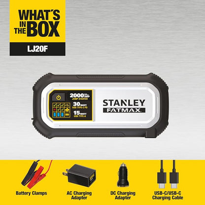 STANLEY FatMax LJ20F 2000 Peak Amp Lithium Jump Starter, 30 Watt USB-C PD, 15 Watt USB-A, Smart Controller and Battery Clips