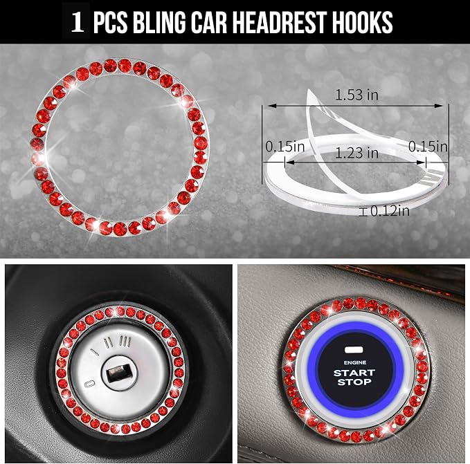 CAR PASS 23 PCS Bling Diamond Car Accessories Set for Women, Leather Car Seat Covers Full Set Sparkly Rhinestone15'' Steering Wheel Covers Shining Diamond Car Floor Mats Cute Car Interior Sets, Red
