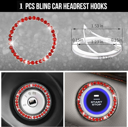 CAR PASS 23 PCS Bling Diamond Car Accessories Set for Women, Leather Car Seat Covers Full Set Sparkly Rhinestone15'' Steering Wheel Covers Shining Diamond Car Floor Mats Cute Car Interior Sets, Red