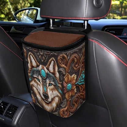 Talayituse Vintage Brown Wolf Print Car Trash Bin, Large Size Auto Trash Can Adjustable Portable Garbage Can with Lid, Vehicle Hanging Bag for Headrest Front Back Seat