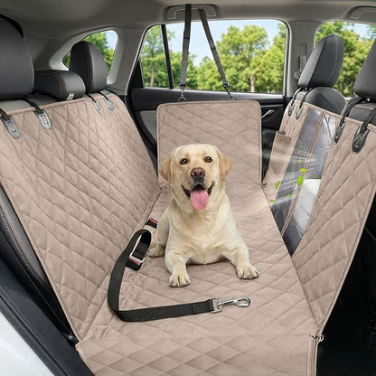 Dog Car Seat Cover, 600D Heavy Durable Dog Seat Cover for Back Seat, 100% Waterproof Scratch Proof Nonslip Dog Hammock for Car with Side Flap, Pet Back Seat Covers for Cars with Seatbelt Khaki