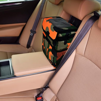 SIBOFUEGO Cute Car Trash Can with Lid – Multipurpose Collapsible Trash Bin for Car, Leak-Proof Organizer, Waterproof Garbage Can with Storage Pockets & Adjustable Straps, 2 Gallons (Camo Orange)
