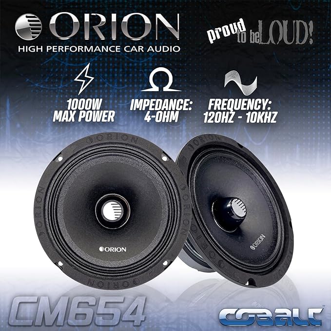 ORION Cobalt CM654 High Efficiency 6.5" Mid-Range Bullet Loudspeakers, 1000W Max Power, 250W RMS, 4 Ohm, 1.5" Voice Coil - Pro Car Audio Stereo, Midrange Speakers (Pair)