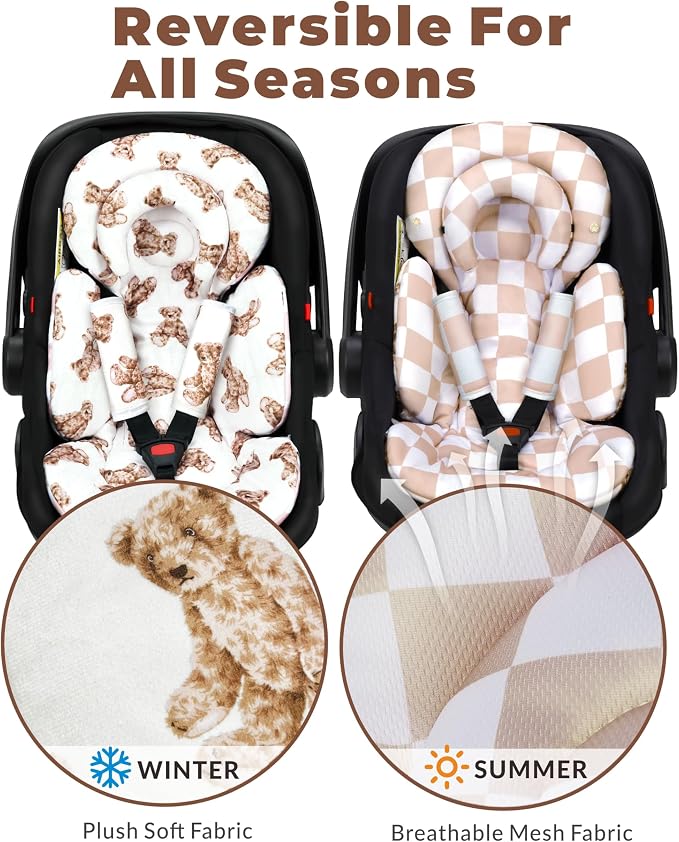 Tinlyfinly Infant Car Seat Insert with Removable Cushion for Preemie to Toddler, Reversible Newborn Carseat Insert for Baby Head Body Support, Fits for Stroller, Baby Swing, Bouncer (Teddy Bear)