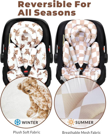Tinlyfinly Infant Car Seat Insert with Removable Cushion for Preemie to Toddler, Reversible Newborn Carseat Insert for Baby Head Body Support, Fits for Stroller, Baby Swing, Bouncer (Teddy Bear)