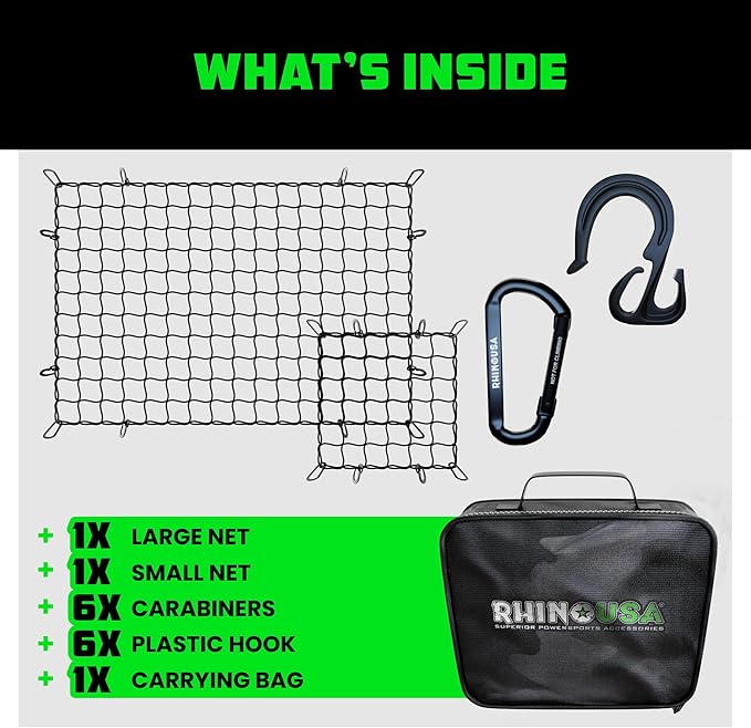 Rhino USA Bungee Cargo Net Set - Ultimate Cargo Accessory Includes Carry Case, Carabiners, 4' x 6’ Net, 15" x 15" Mini-Net. For pickup truck bed, SUV, Motorcycle Rack, ATV, Small Trailer Cargo - Black