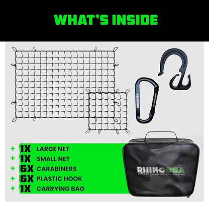 Rhino USA Bungee Cargo Net Set - Ultimate Cargo Accessory Includes Carry Case, Carabiners, 4' x 6’ Net, 15" x 15" Mini-Net. For pickup truck bed, SUV, Motorcycle Rack, ATV, Small Trailer Cargo - Black