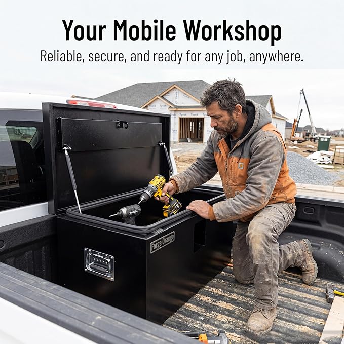 Heavy Duty Black Steel Truck Bed Tool Box, Trailer Tongue Storage Chest with Weatherproof Seal & Pneumatic Hinge for Pickup, RV, Utility Vehicles - 24 x 15 x 15