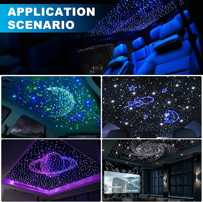 4 Colors 32W Twinkle Car Starlight Headliner Kit 500pcs*0.03in*13.1ft with APP&RF Remote, RGBW Fiber Optic Strands Star Roof Lights,4 Port Engine Sound Activated Ceiling Star Lights for Home/Car Decor