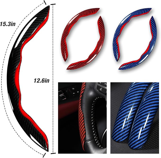 Carbon Fiber Steering Wheel Cover 3pcs Set Car Steering Wheel Accessories 14.5-15 inch Universal (Black Red Blue)