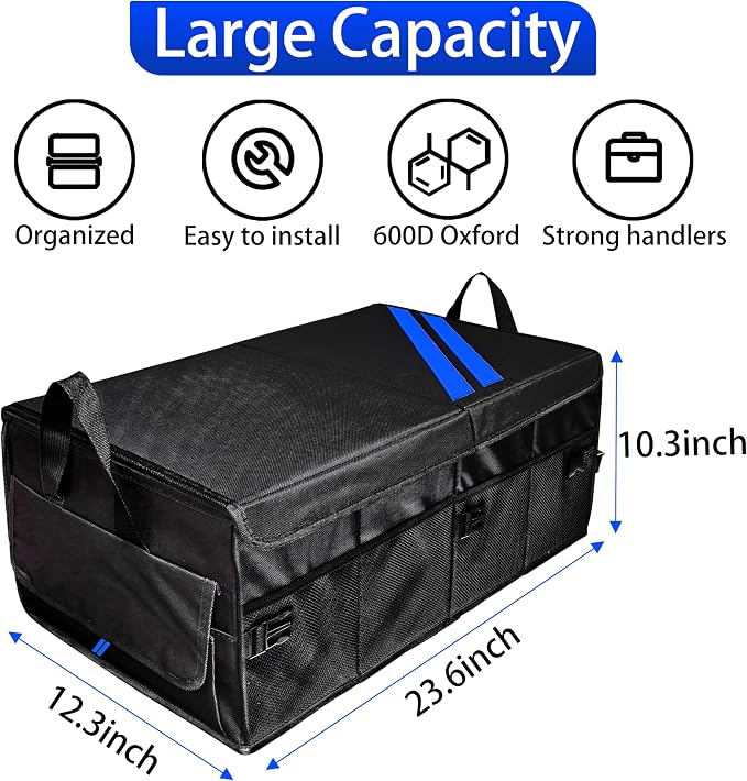 YOSRTER Car Trunk Organizer for Dodge Charger Durango Challenger Ram Collapsible Storage Box with Handle Foldable Lid Non Slip Bottom 2 Compartment Sturdy Base Panel Blue Trim