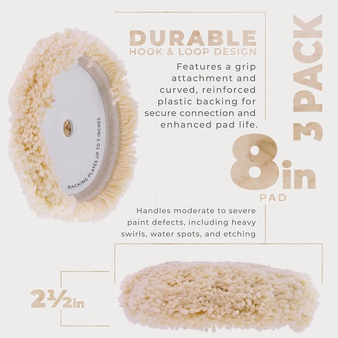 TCP Global 8" 100% Wool Polishing & Buffing Pad (3 Pack) with Hook and Loop Backing - Wool Buffing Pad for Automotive, Marine, Truck, RV & Compound Cutting