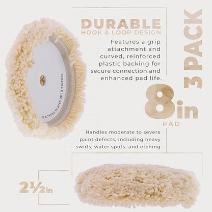 TCP Global 8" 100% Wool Polishing & Buffing Pad (3 Pack) with Hook and Loop Backing - Wool Buffing Pad for Automotive, Marine, Truck, RV & Compound Cutting