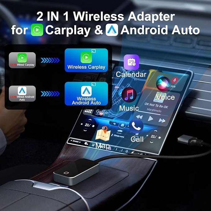 Wireless Carplay and Android Auto Adapter - Android Carplay for iPhone 6+/2016+ Cars, USB/Type-C Bluetooth Wireless Auto Car Adapter with 5Ghz WiFi Bluetooth Connection