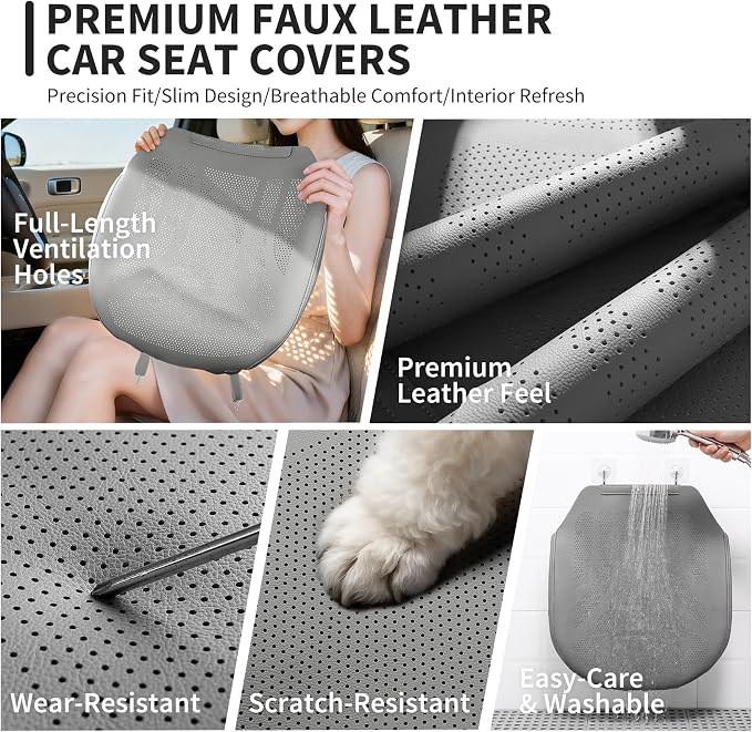 2 Pack Front Leatherette Seat Covers Faux Leather Bottom Car Seat Covers, Super Breathable,Anti-Slip,Universal Seat Covers for Cars,Full Wrapping Edge Fit for Most Sedans SUV Pick-up (2 Pack Gray)