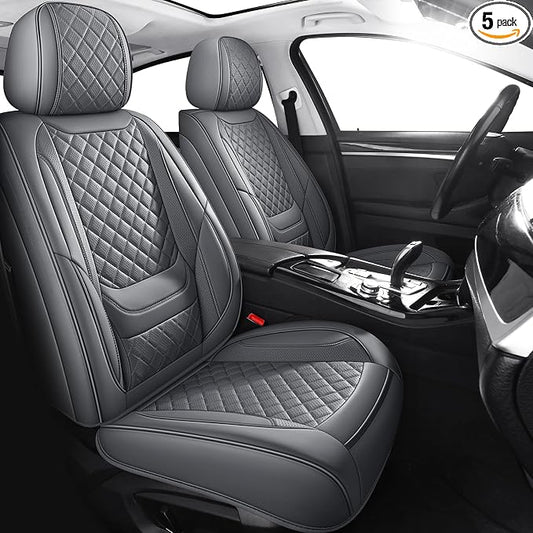 Car Seat Covers Full Set, Grey Leather Seat Covers, Breathable Front and Back Car Seat Protectors, Wear-Resistant Seat Covers Universal Fit for Most Cars SUV Truck (Grey-Diamonds, Full Set)
