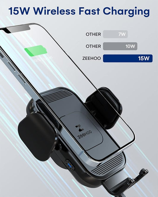 ZeeHoo Wireless Car Charger, 15w Fast Charging, Auto Clamping Car Phone Mount, Cell Phone Holder Charger, for iphone17 16 15 14 13 12 11 Pro Max Xs, Etc. (Black)