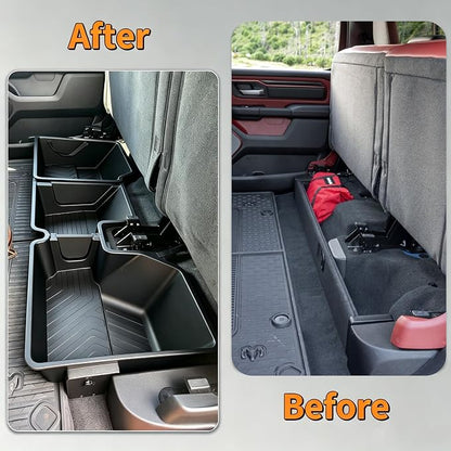 Under Seat Storage Boxes - Compatible with 2019-2026 Dodge Ram 1500 Crew Cab (Not for Classic), Heavy Duty Upgraded Rear Under Back Seat Storage Truck Cargo Black Tool Box Organizer
