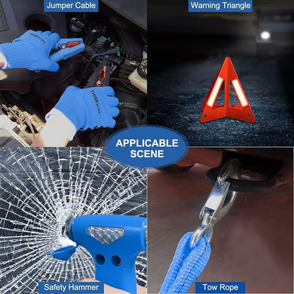 THINKWORK Car Emergency Kit for Teen Boy and Men's Gifts, Blue Emergency Roadside Assistance kit with 10FT Jumper, First Aid Kit, Safety Hammer, Tow Rope, and More Ideal Blue Car Accessories Tool