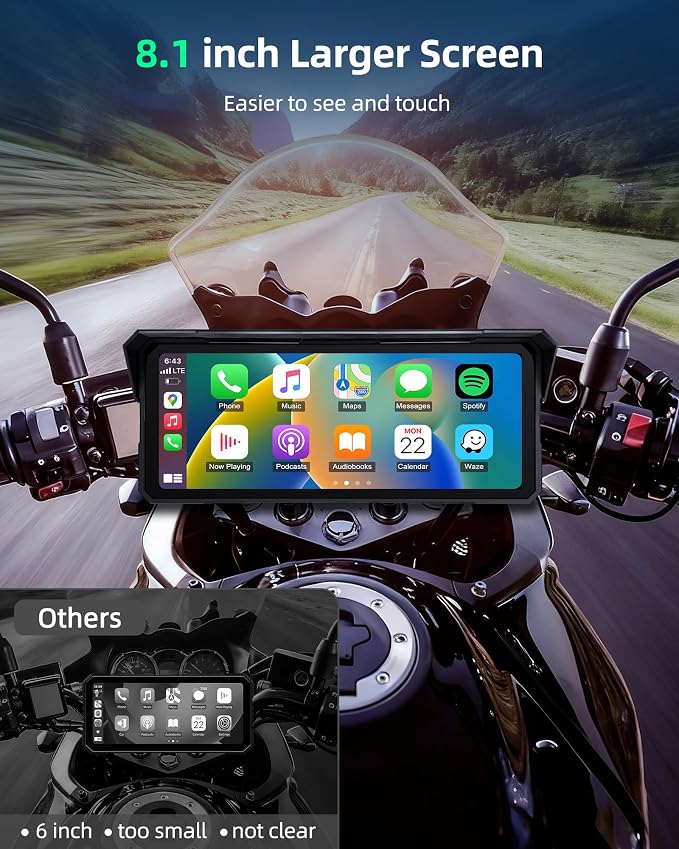 8.1 Inch 4K Motorcycle CarPlay Screen w 4K Dash Cam Wireless Carplay Android Auto Screen for Motorcycle with GPS Navigation Voice Control WiFi Video Dual Bluetooth IPX7 Waterproof Wired Control